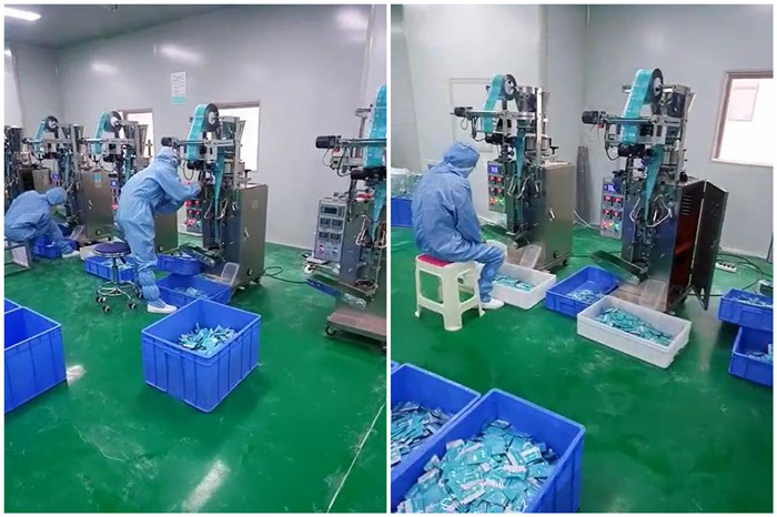 湖南可孚醫(yī)療科技發(fā)展有限公司車間-工作人員正在測(cè)試抑菌粉自動(dòng)包裝機(jī)-小袋食品藥品粉末包裝機(jī)生產(chǎn)
